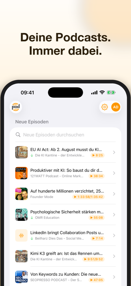 Die podcast.de App auf dem iPhone: deine Bibliothek mit neuen Episoden und Abonnements