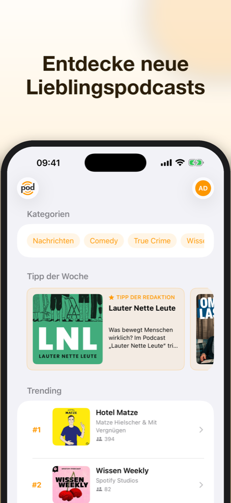 Podcasts entdecken: Kategorien, Tipp der Woche und Trending-Charts in der podcast.de App für iOS