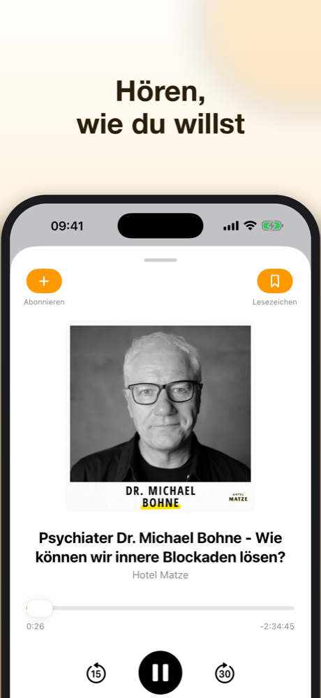 Der Player der podcast.de App für iPhone mit Fundstellen, Schlaf-Timer und einstellbarer Geschwindigkeit